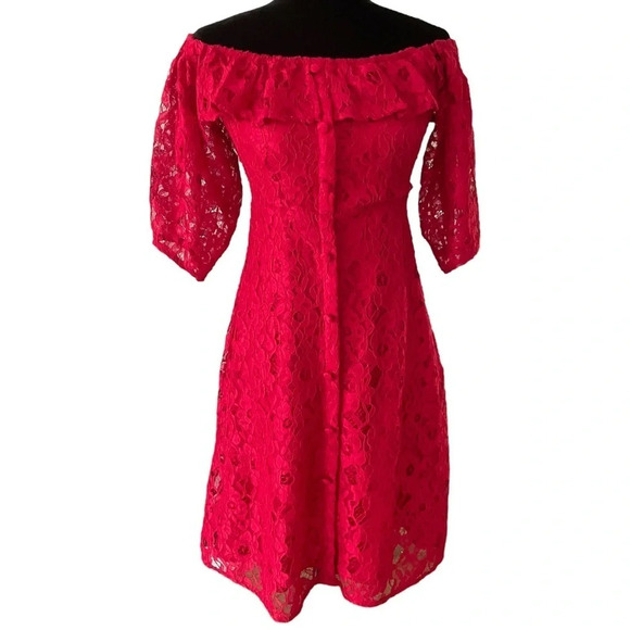 Zara Off Shoulder red lace midi dress size small - Picture 2 of 9